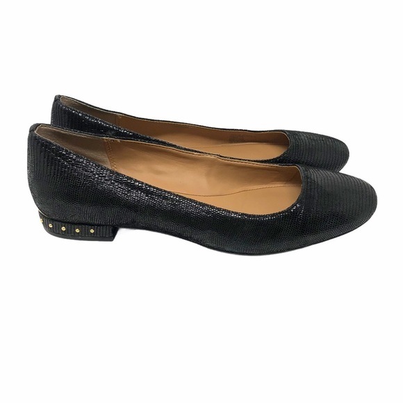 Calvin Klein Fridelle Black Embossed Flats Women’s Size 6 Gold Studded Heel Logo - Picture 3 of 10
